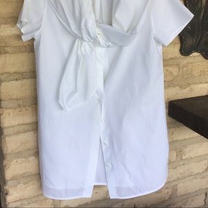 Beatriz French white cotton cap sleeve button front shirt with self tie…